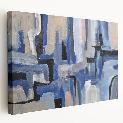 Geometric Abstract Paintings - Blue & Beige Modern Wall Art