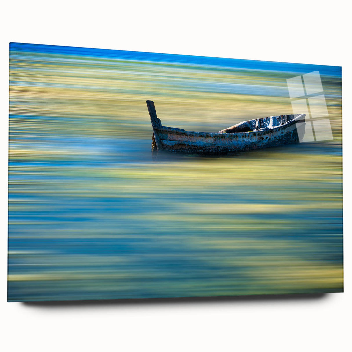 Minimalist Landscape Wall Art – Teal Boat on Blurred Water Motion
