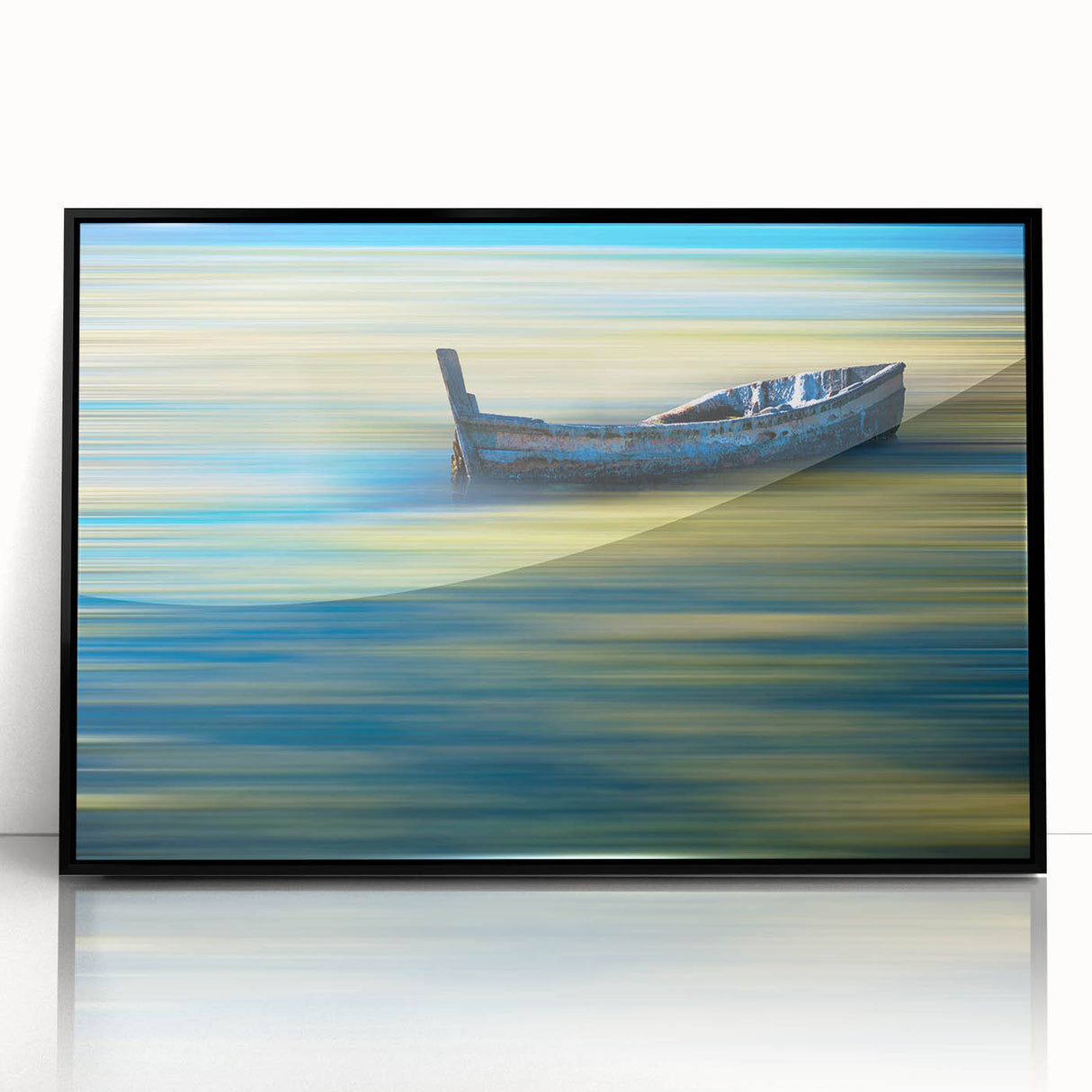 Minimalist Landscape Wall Art – Teal Boat on Blurred Water Motion