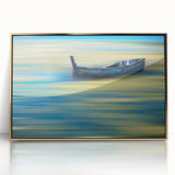 Minimalist Landscape Wall Art – Teal Boat on Blurred Water Motion