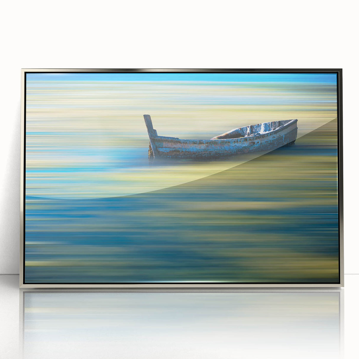 Minimalist Landscape Wall Art – Teal Boat on Blurred Water Motion