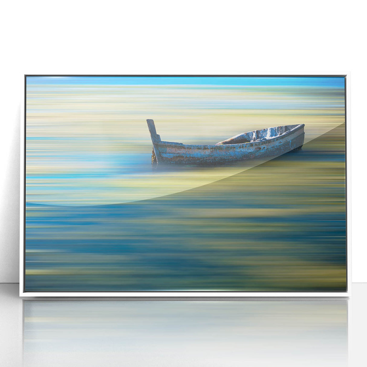 Minimalist Landscape Wall Art – Teal Boat on Blurred Water Motion