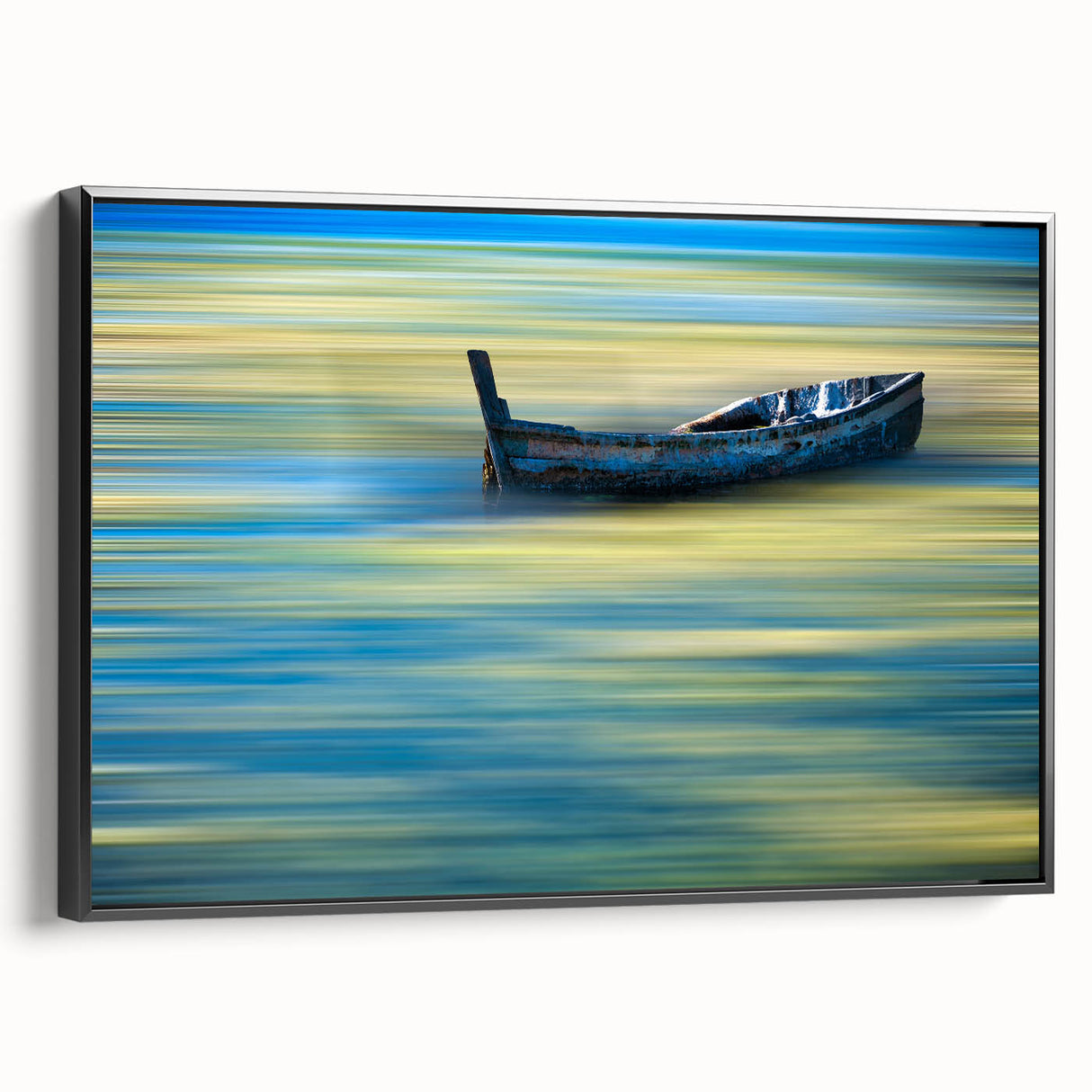 Minimalist Landscape Wall Art – Teal Boat on Blurred Water Motion