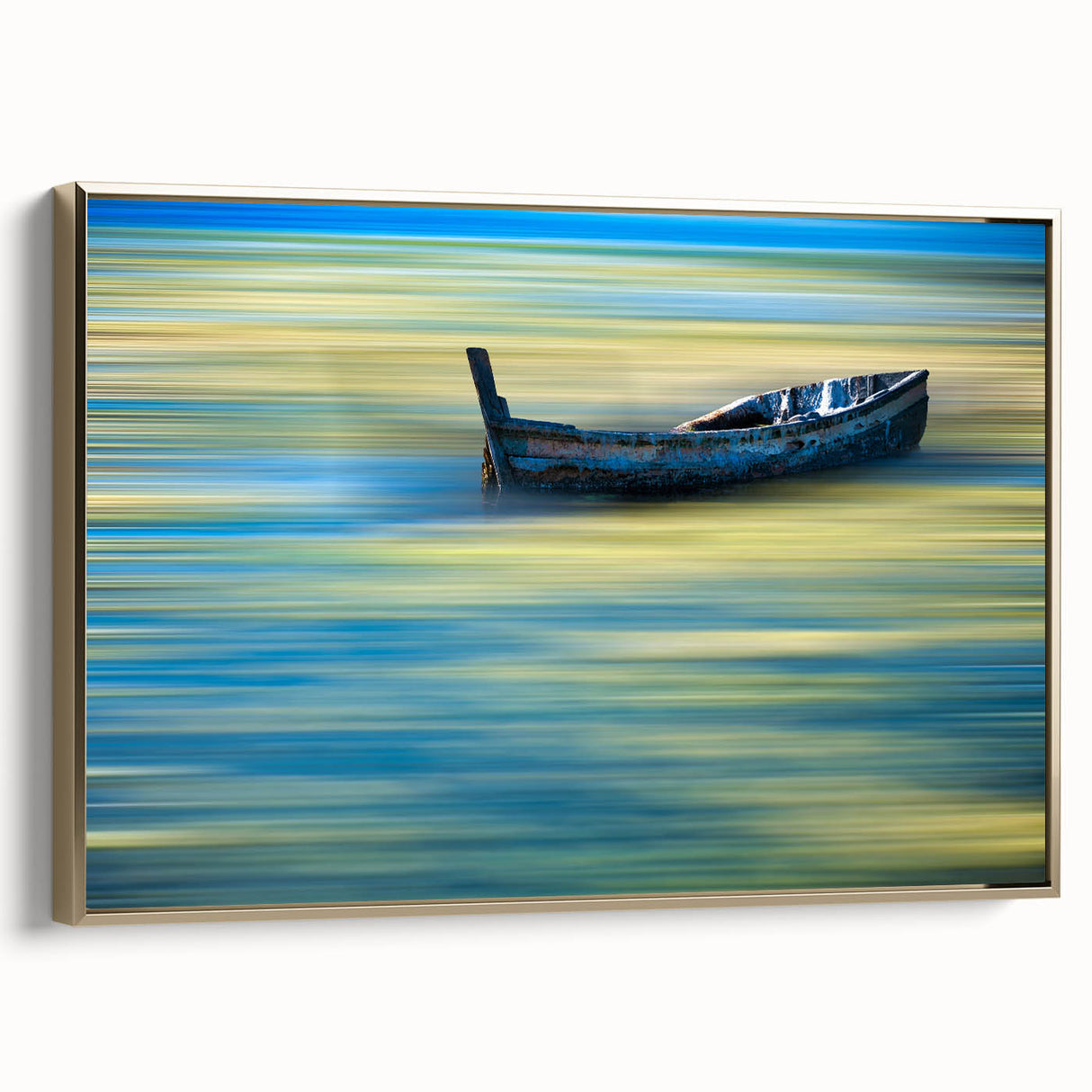 Minimalist Landscape Wall Art – Teal Boat on Blurred Water Motion