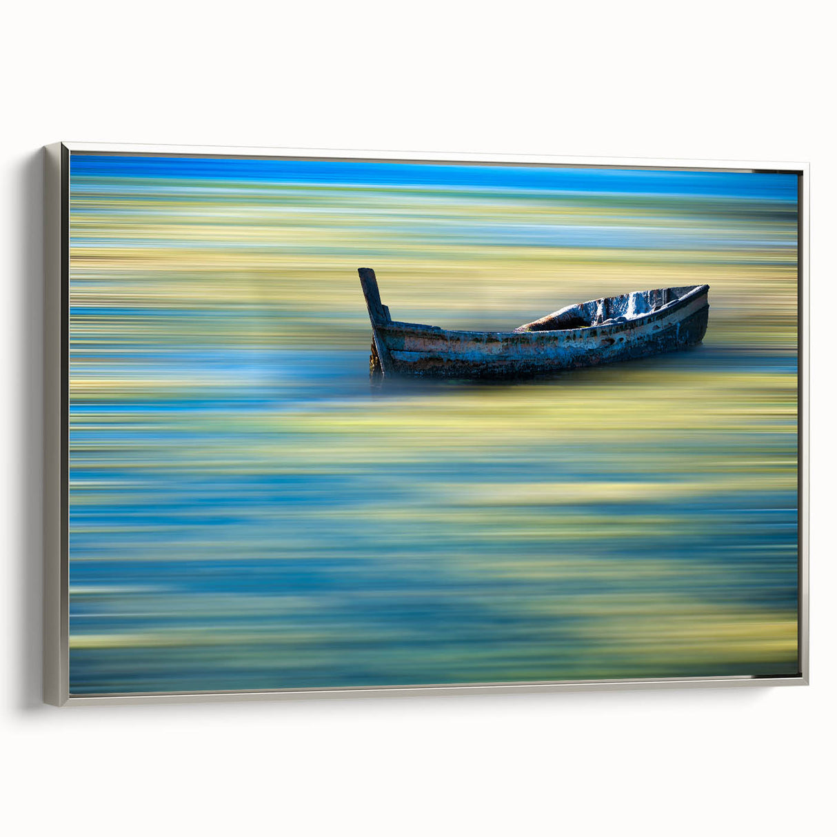 Minimalist Landscape Wall Art – Teal Boat on Blurred Water Motion