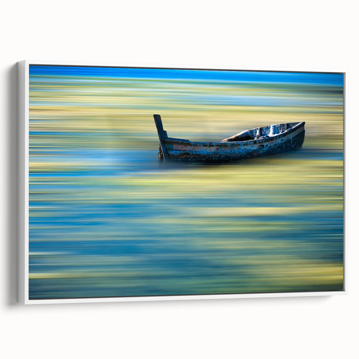 Minimalist Landscape Wall Art – Teal Boat on Blurred Water Motion