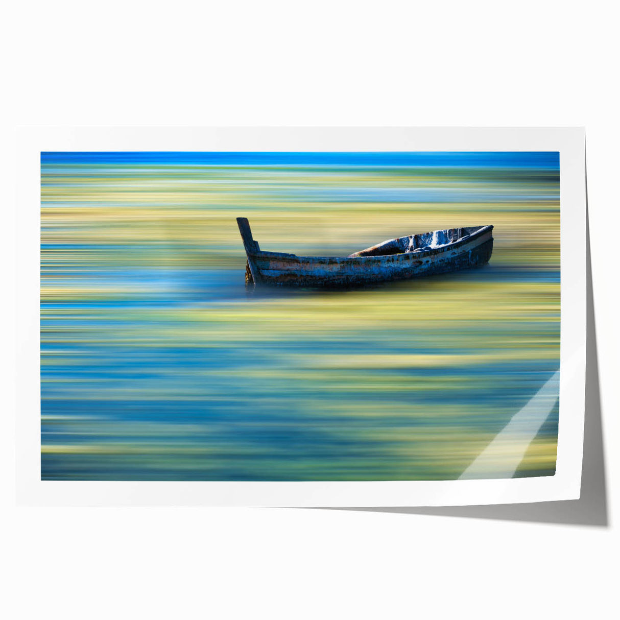 Minimalist Landscape Wall Art – Teal Boat on Blurred Water Motion