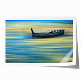 Minimalist Landscape Wall Art – Teal Boat on Blurred Water Motion