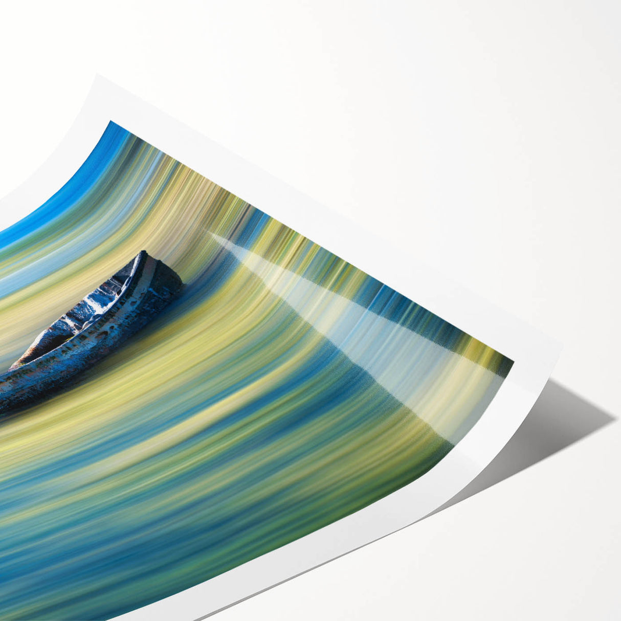 Minimalist Landscape Wall Art – Teal Boat on Blurred Water Motion