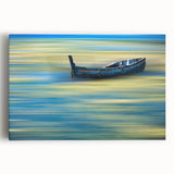 Minimalist Landscape Wall Art – Teal Boat on Blurred Water Motion