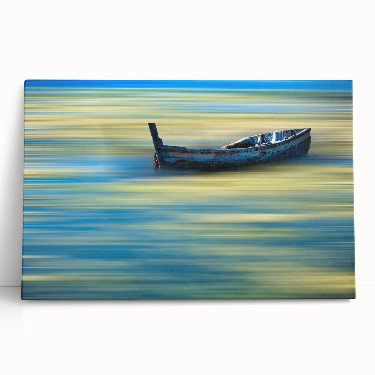 Minimalist Landscape Wall Art – Teal Boat on Blurred Water Motion