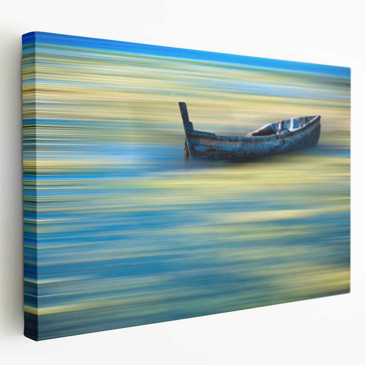 Minimalist Landscape Wall Art – Teal Boat on Blurred Water Motion