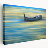 Minimalist Landscape Wall Art – Teal Boat on Blurred Water Motion