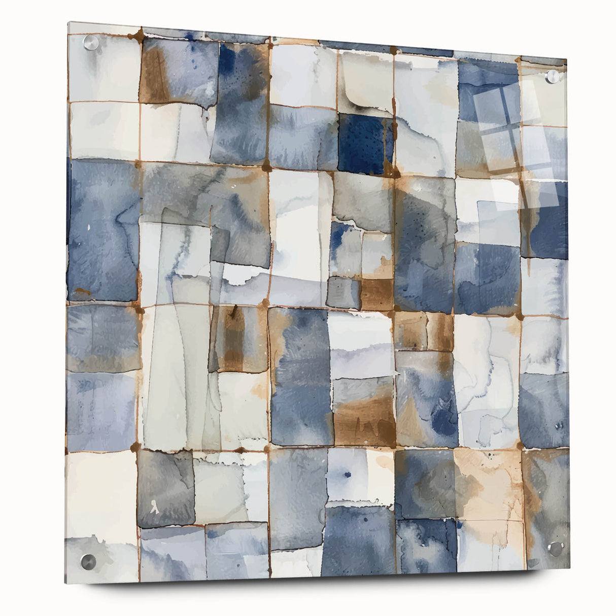 Earthen Harmony Abstracts – Muted Blue and Brown Grid Wall Art