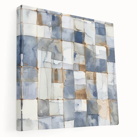 Earthen Harmony Abstracts – Muted Blue and Brown Grid Wall Art