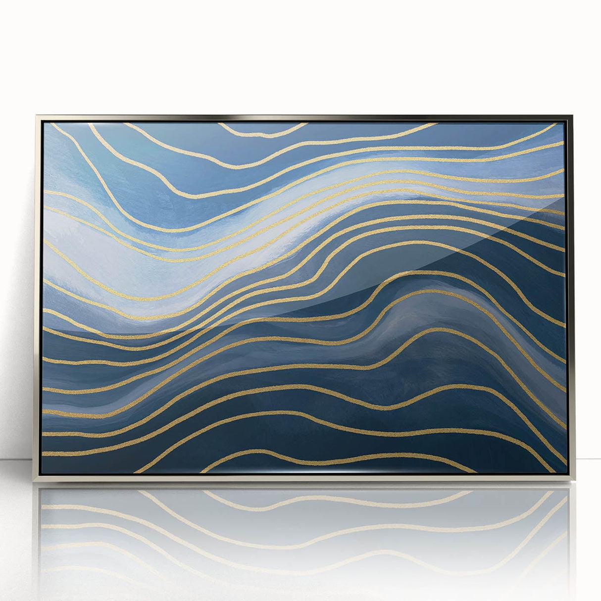Fluid Abstract Wall Art – Navy Blue & Gold Wave Canvas