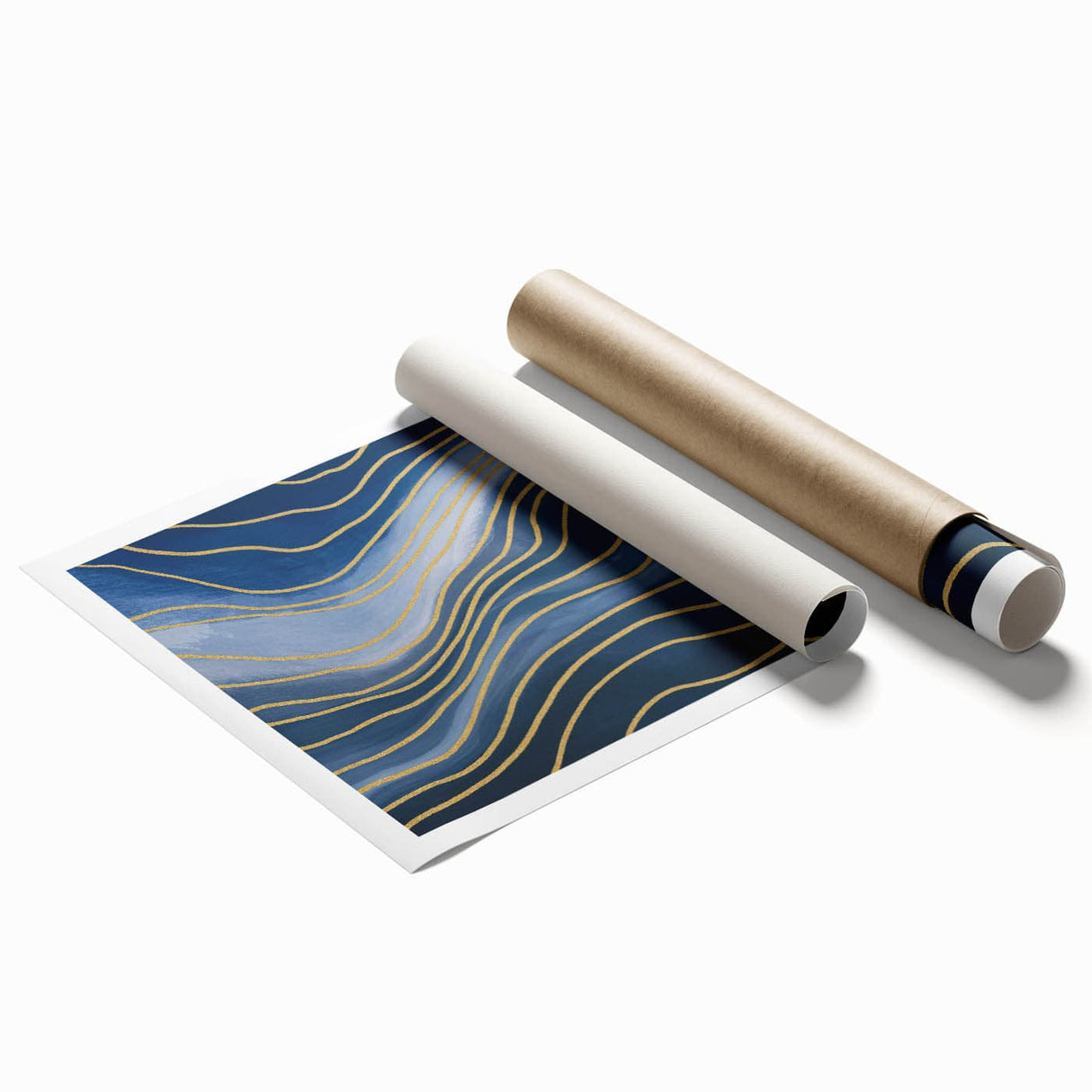 Fluid Abstract Wall Art – Navy Blue & Gold Wave Canvas