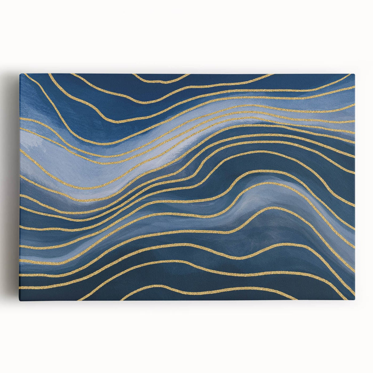 Fluid Abstract Wall Art – Navy Blue & Gold Wave Canvas
