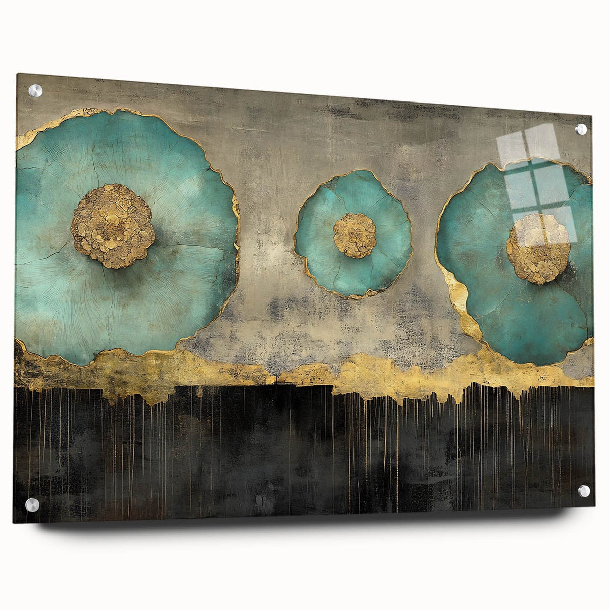 Golden Bloom – Fluid Acrylic Wall Decor with Turquoise Accents