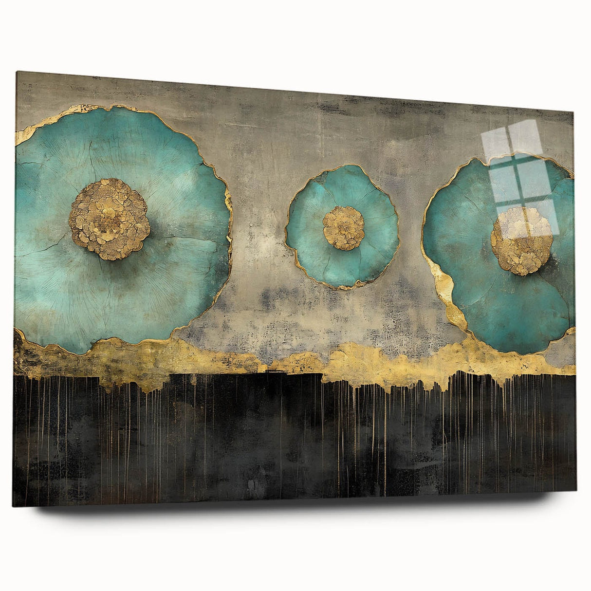 Golden Bloom – Fluid Acrylic Wall Decor with Turquoise Accents