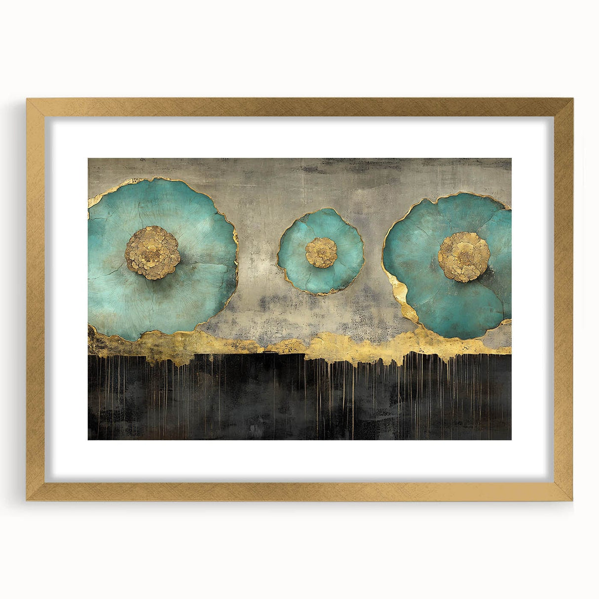 Golden Bloom – Fluid Acrylic Wall Decor with Turquoise Accents