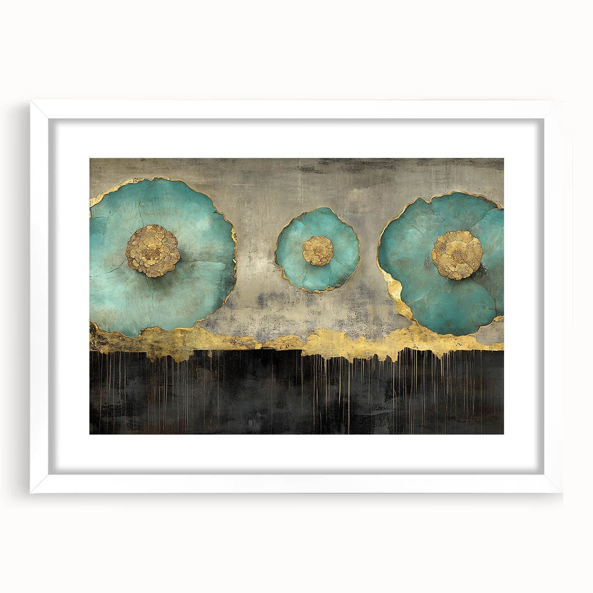 Golden Bloom – Fluid Acrylic Wall Decor with Turquoise Accents