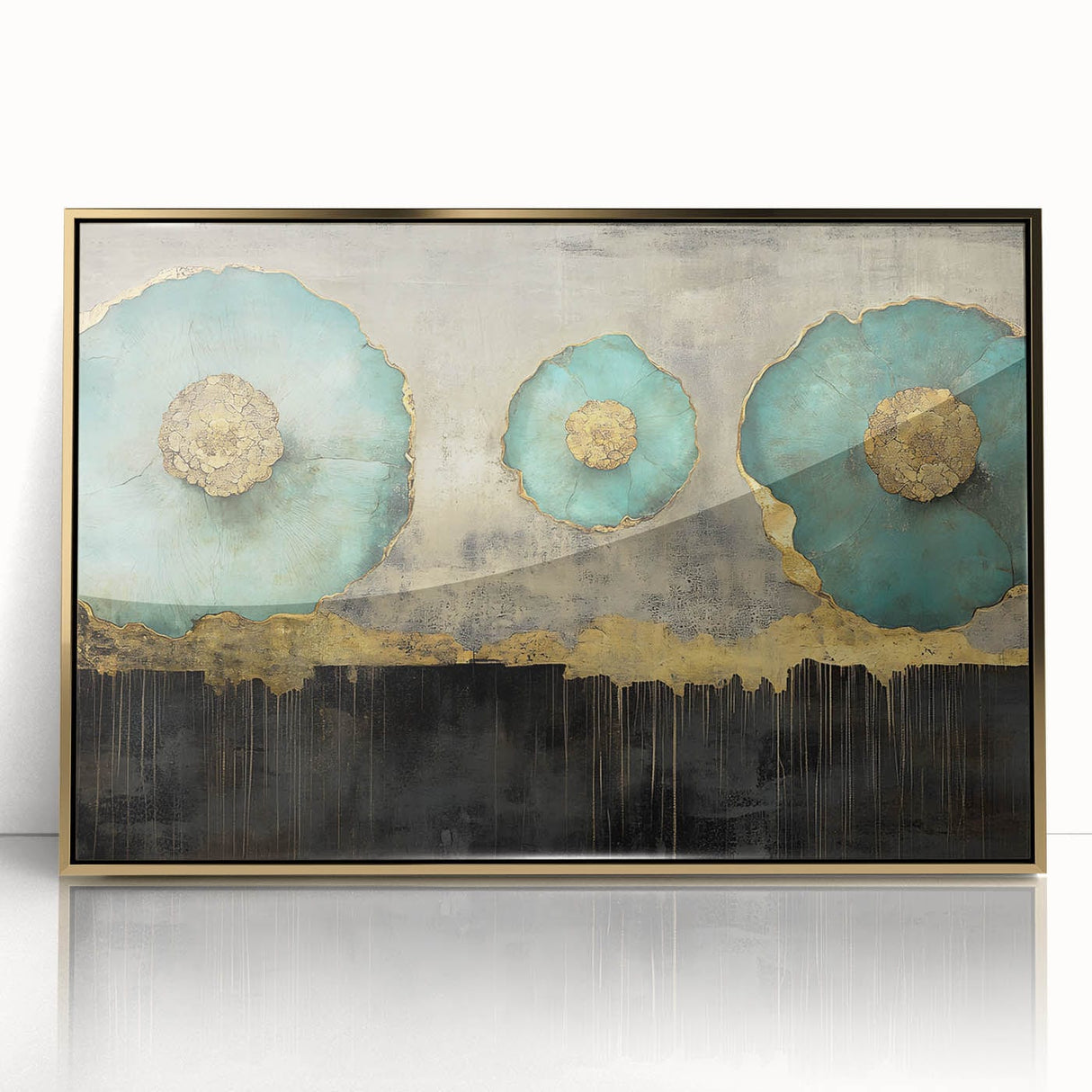 Golden Bloom – Fluid Acrylic Wall Decor with Turquoise Accents