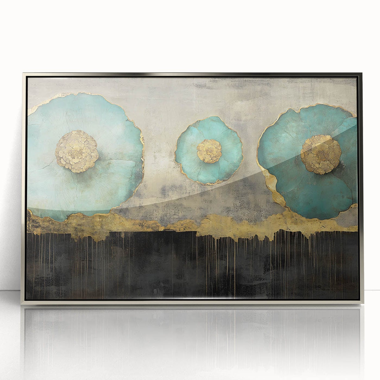 Golden Bloom – Fluid Acrylic Wall Decor with Turquoise Accents
