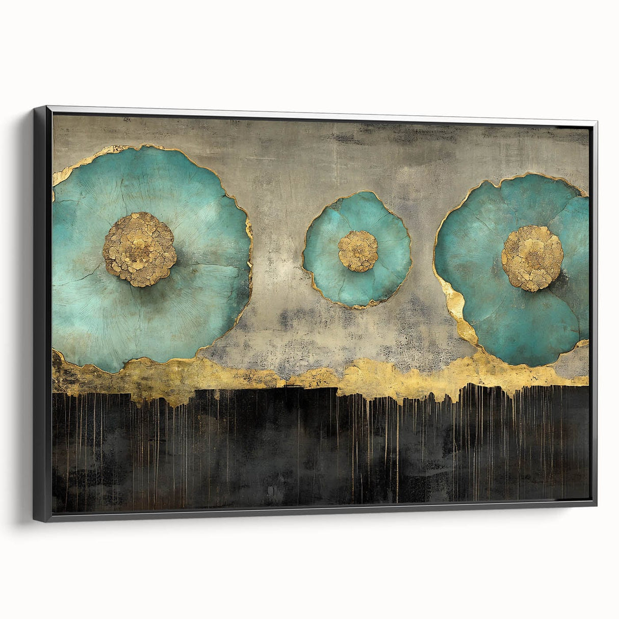 Golden Bloom – Fluid Acrylic Wall Decor with Turquoise Accents