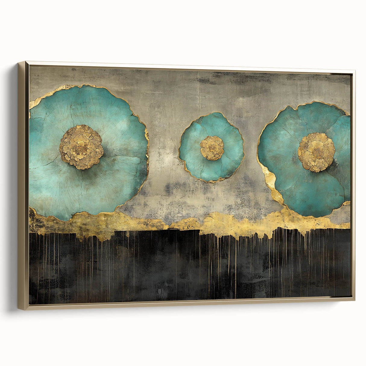 Golden Bloom – Fluid Acrylic Wall Decor with Turquoise Accents