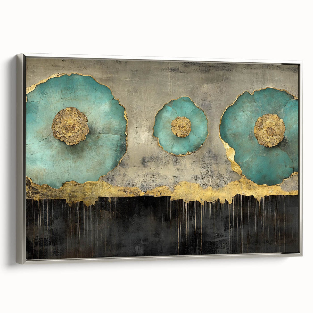 Golden Bloom – Fluid Acrylic Wall Decor with Turquoise Accents