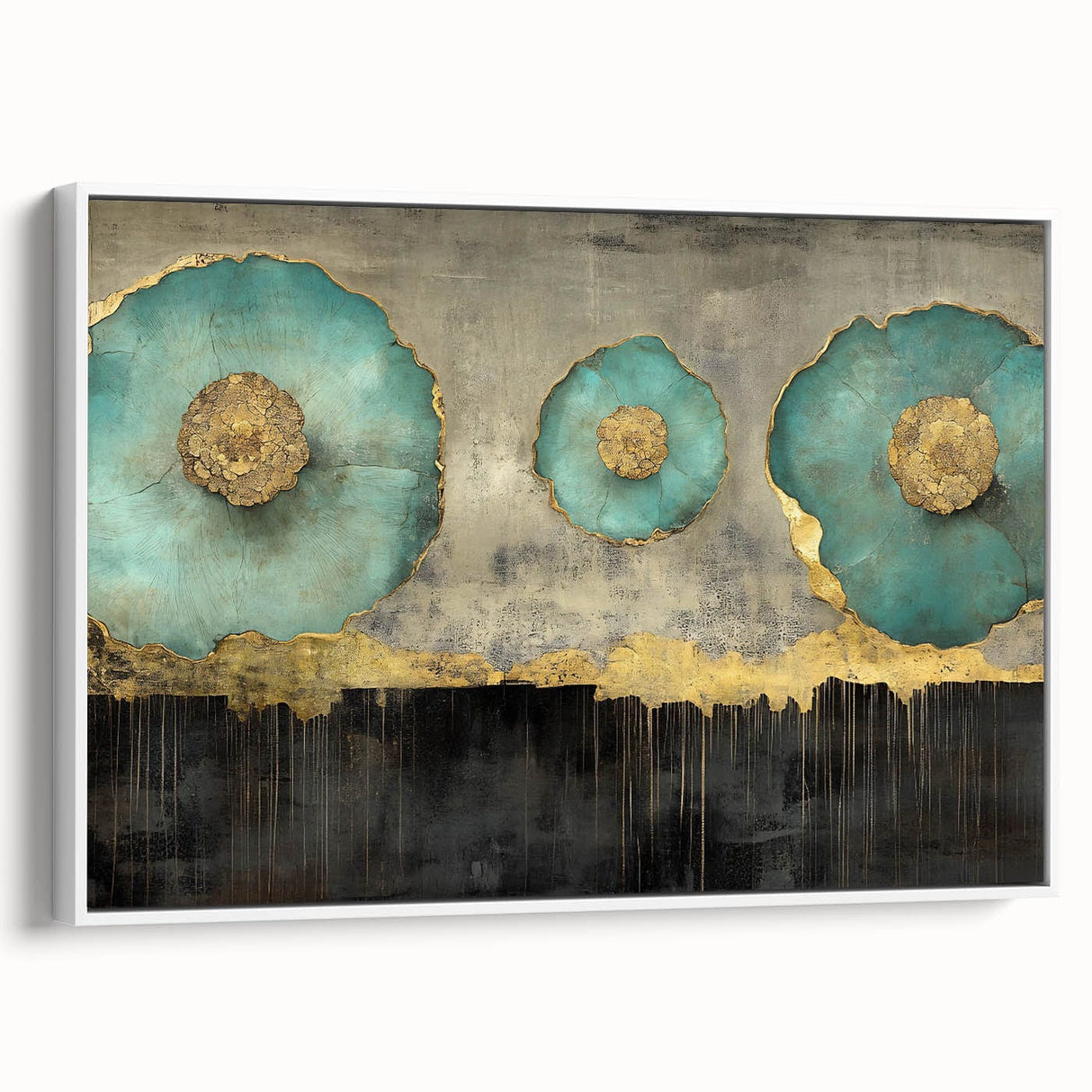 Golden Bloom – Fluid Acrylic Wall Decor with Turquoise Accents
