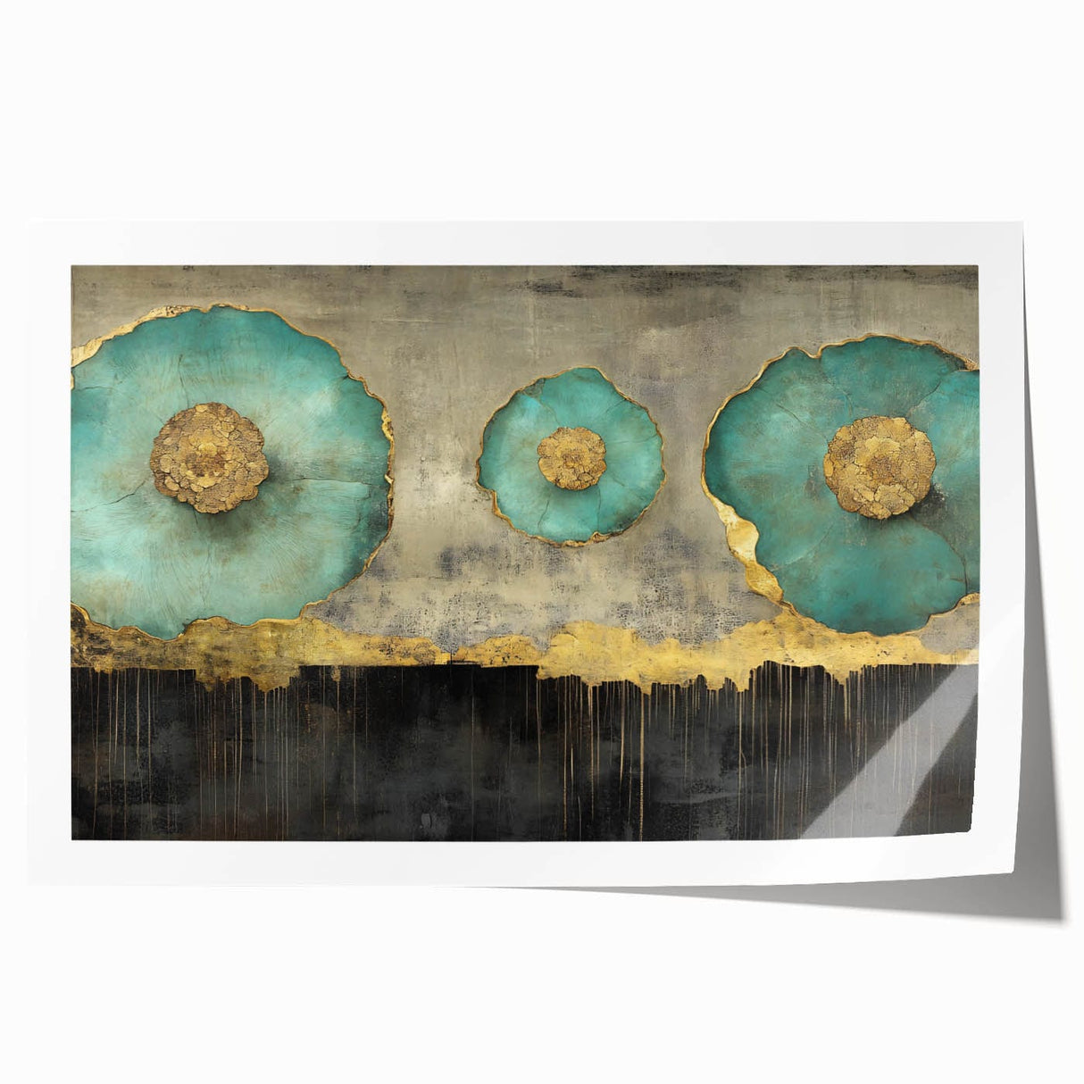 Golden Bloom – Fluid Acrylic Wall Decor with Turquoise Accents