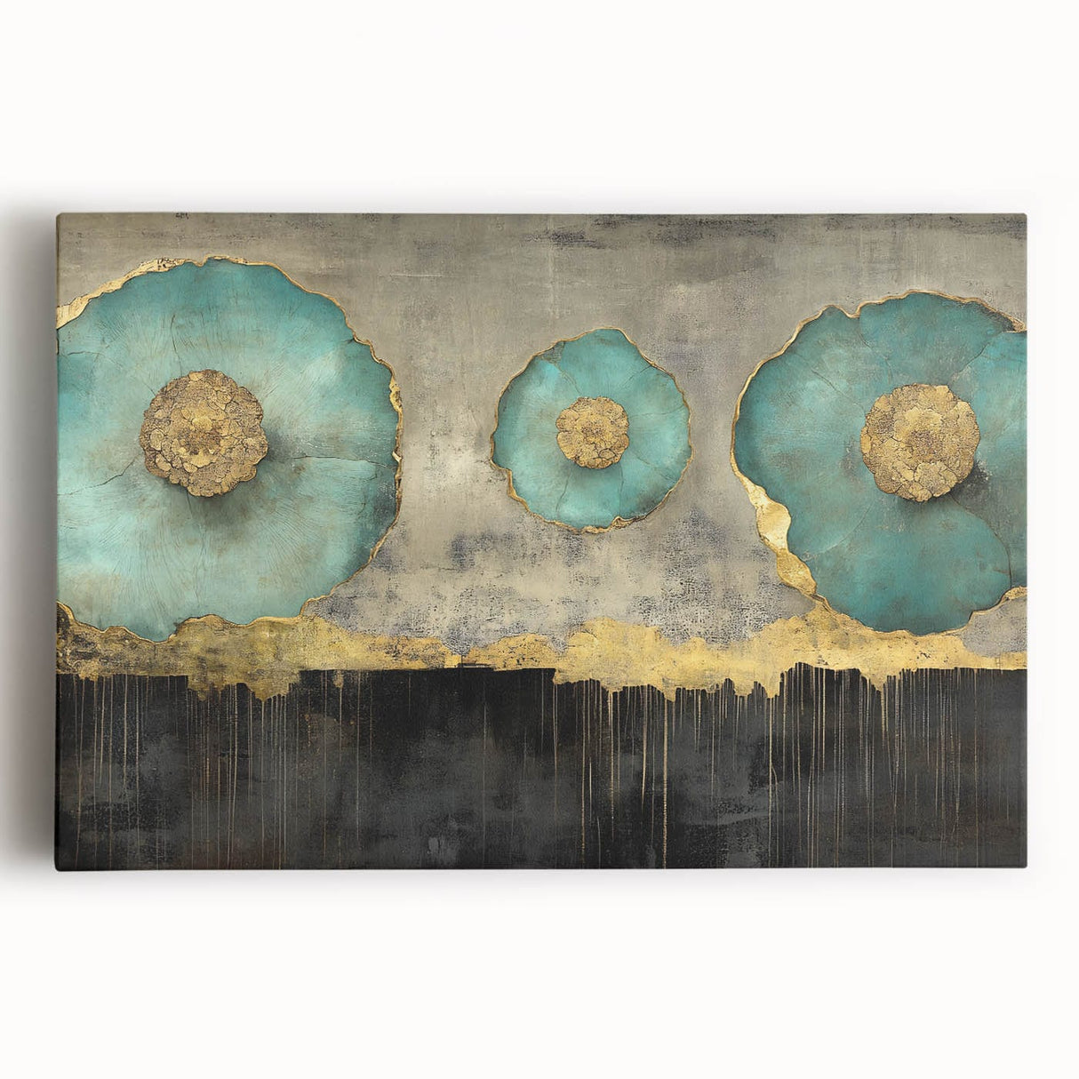 Golden Bloom – Fluid Acrylic Wall Decor with Turquoise Accents