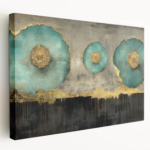 Golden Bloom – Fluid Acrylic Wall Decor with Turquoise Accents