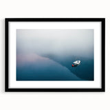 Black and White Minimalist Landscapes – Lone Boat on Misty Water