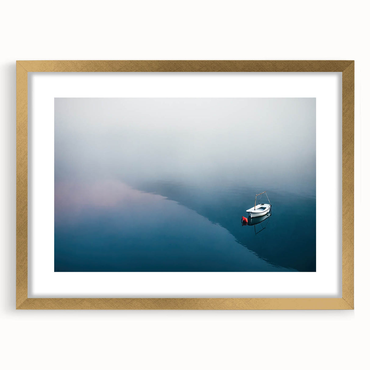 Black and White Minimalist Landscapes – Lone Boat on Misty Water
