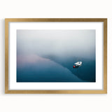 Black and White Minimalist Landscapes – Lone Boat on Misty Water