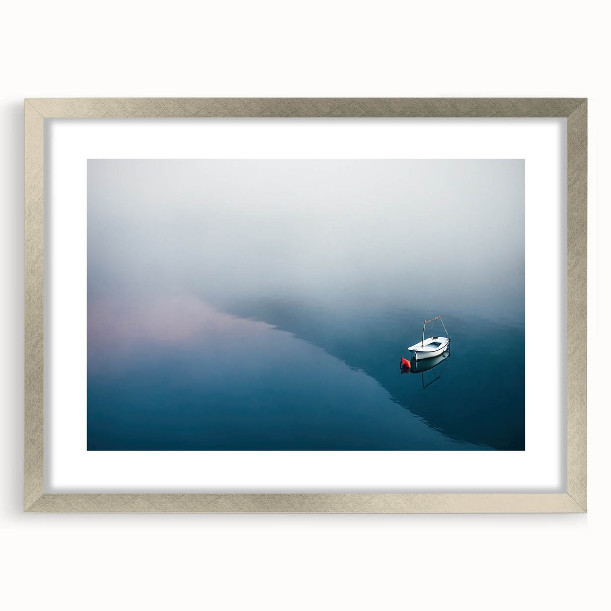 Black and White Minimalist Landscapes – Lone Boat on Misty Water
