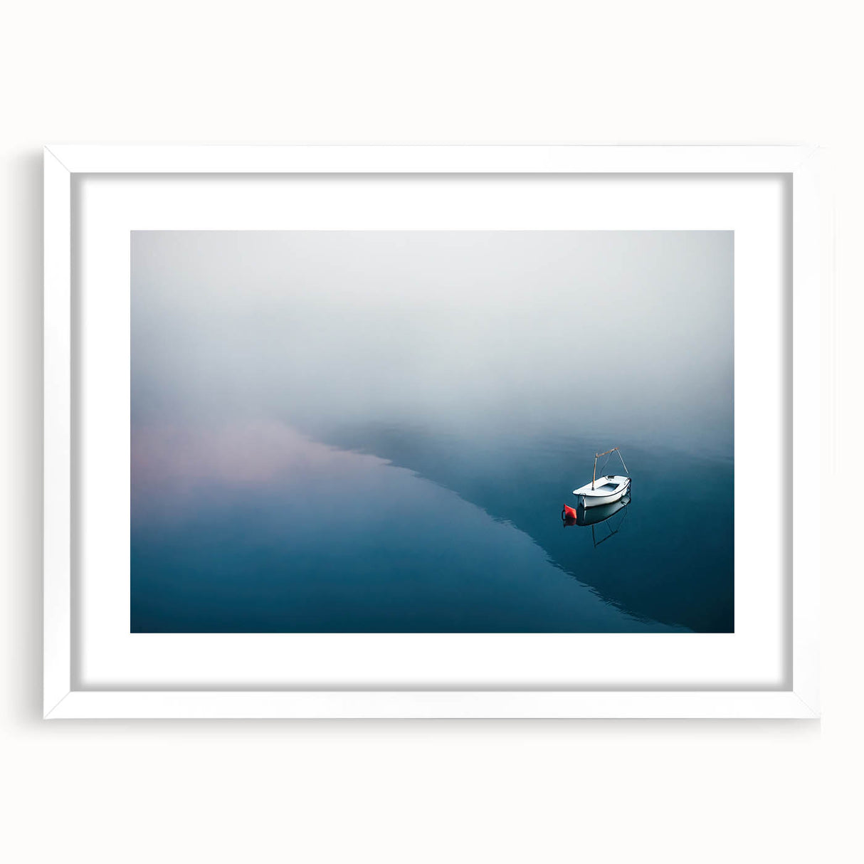 Black and White Minimalist Landscapes – Lone Boat on Misty Water
