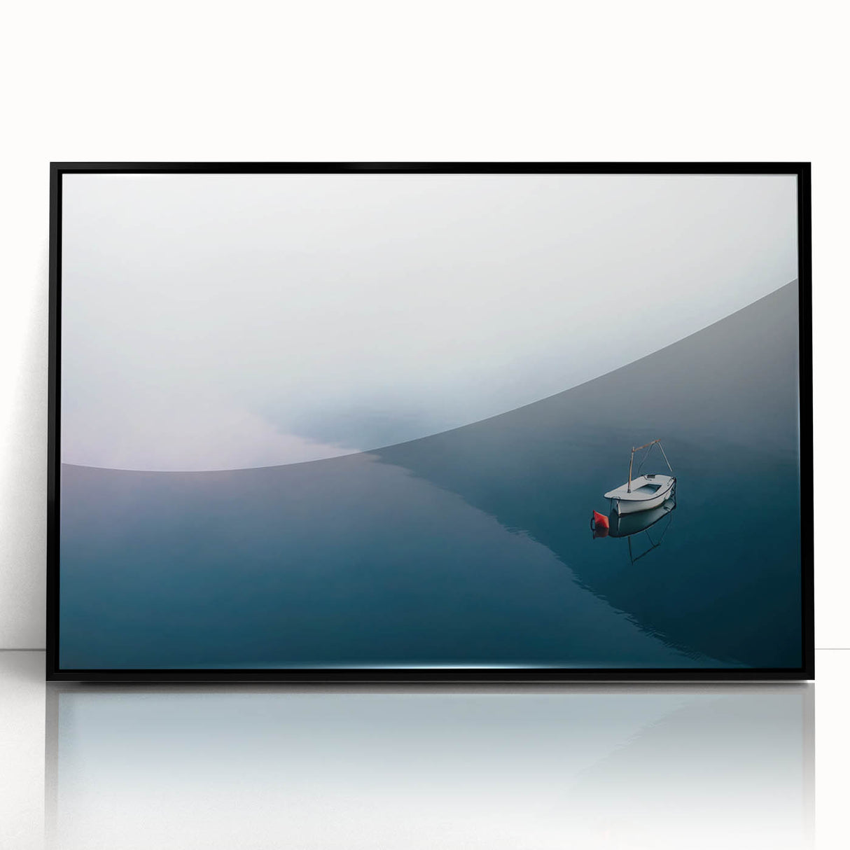 Black and White Minimalist Landscapes – Lone Boat on Misty Water
