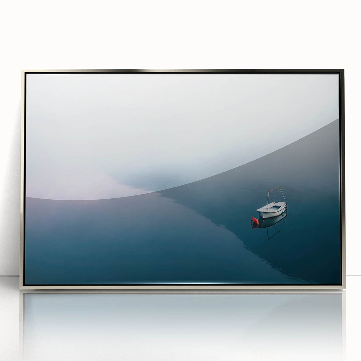 Black and White Minimalist Landscapes – Lone Boat on Misty Water
