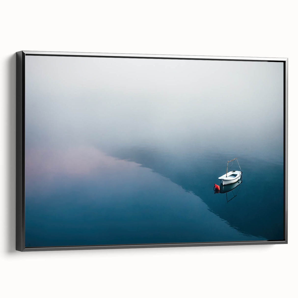 Black and White Minimalist Landscapes – Lone Boat on Misty Water