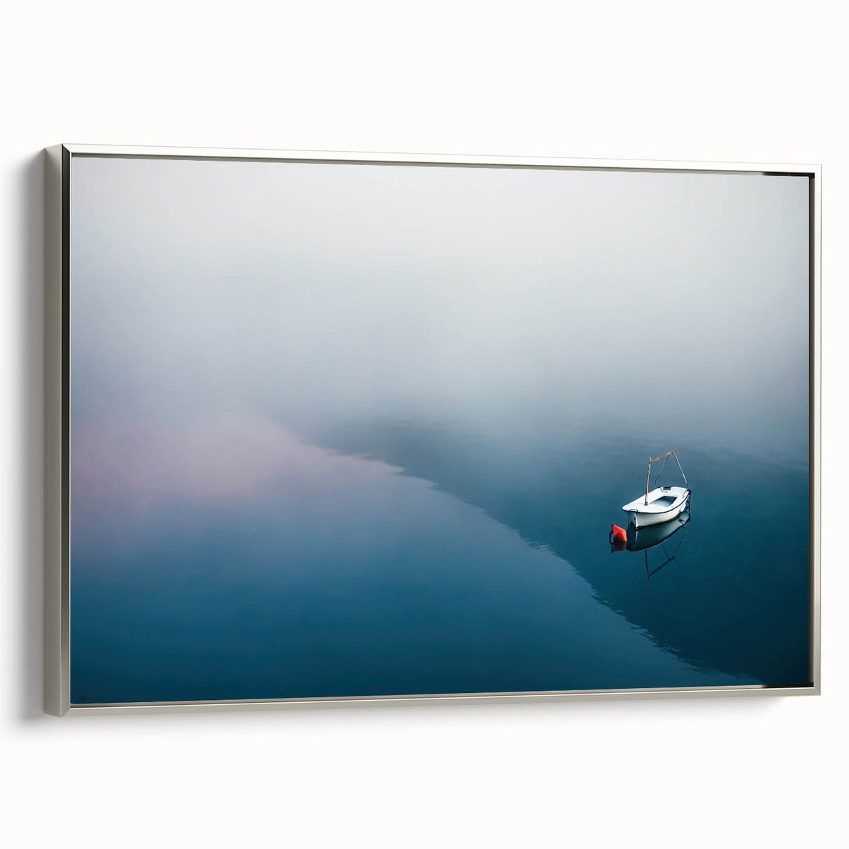 Black and White Minimalist Landscapes – Lone Boat on Misty Water