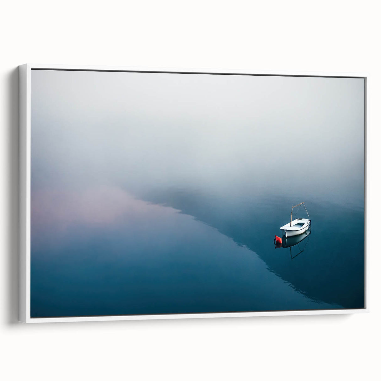 Black and White Minimalist Landscapes – Lone Boat on Misty Water