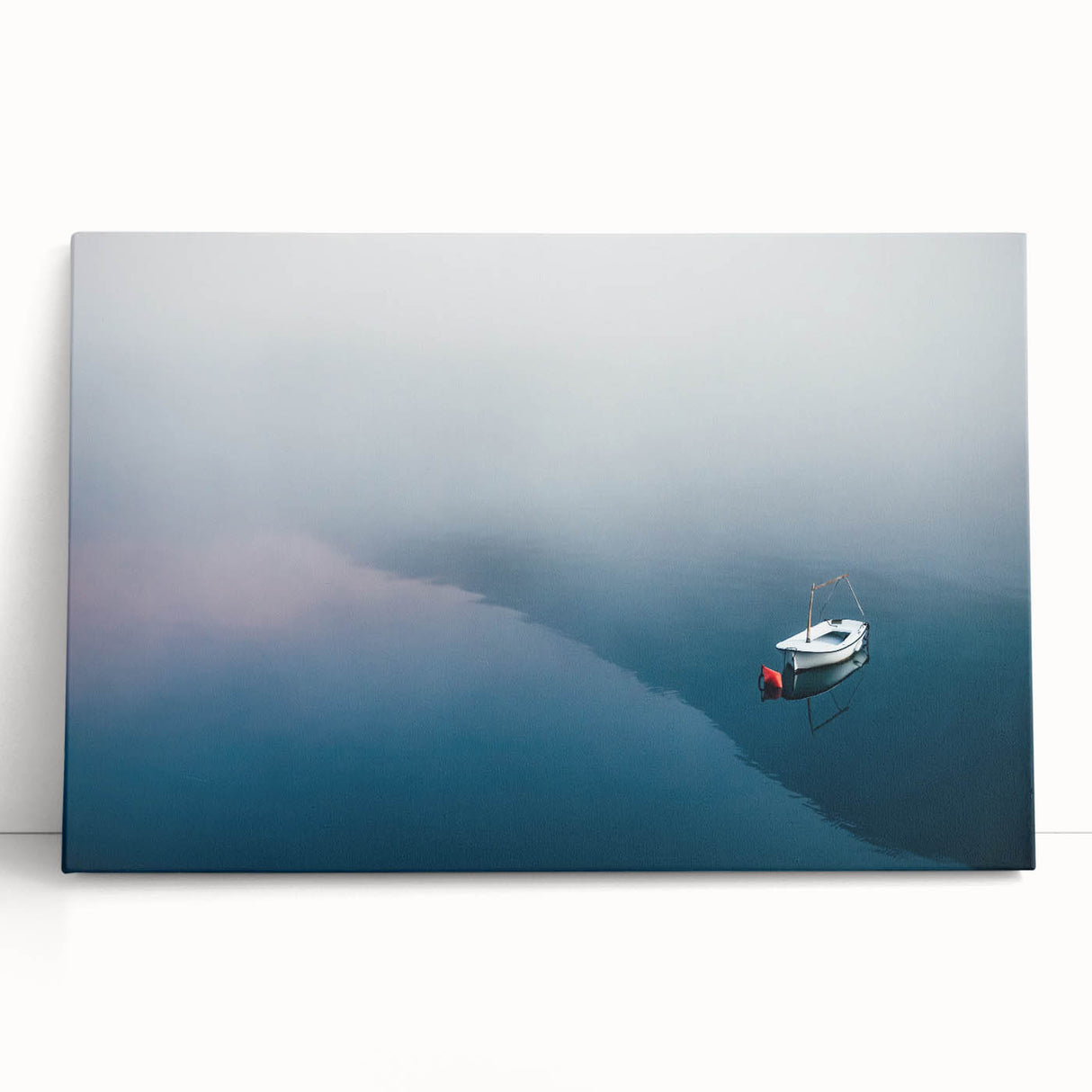 Black and White Minimalist Landscapes – Lone Boat on Misty Water