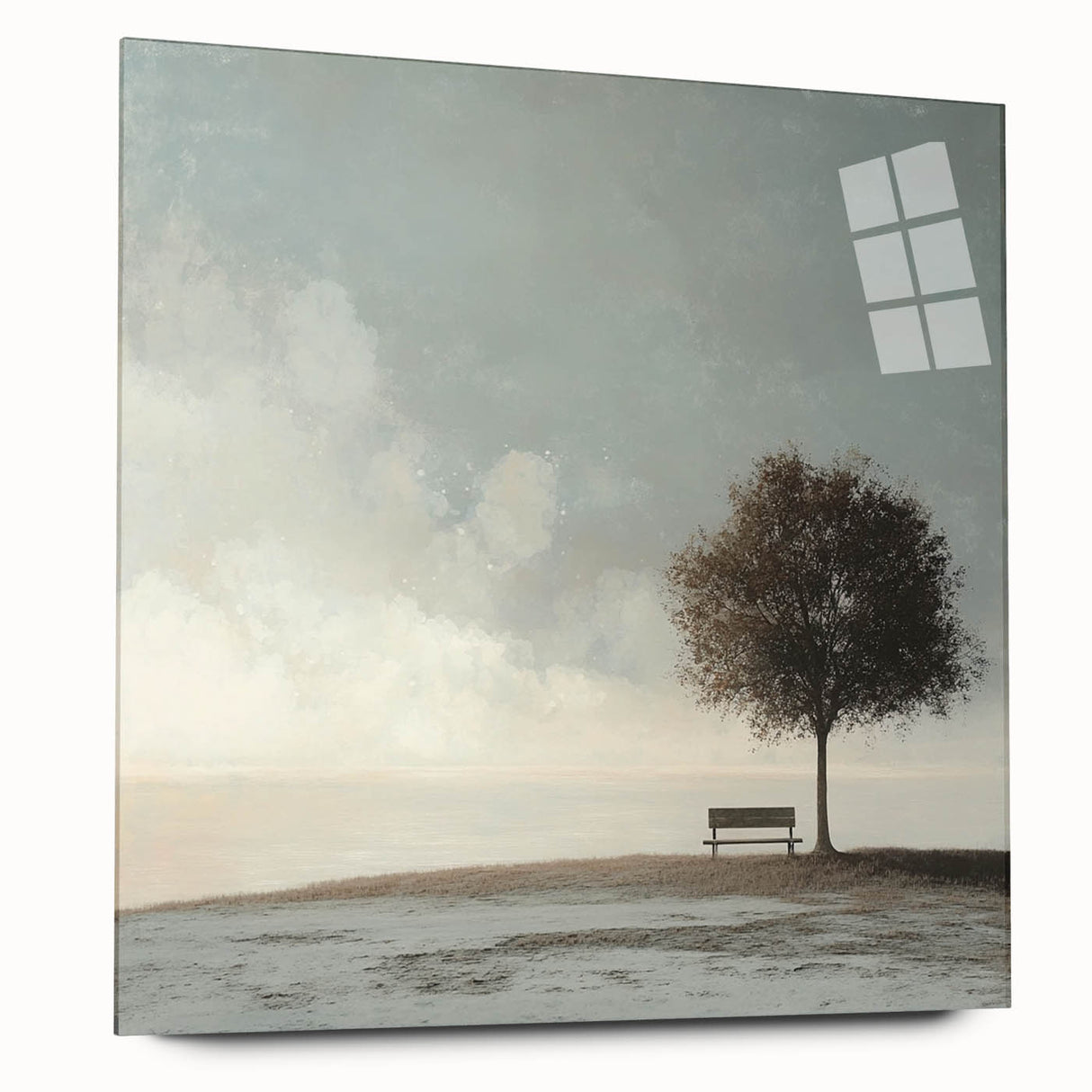 Serene Tree & Bench by the Water – Tranquil Nature Art Print