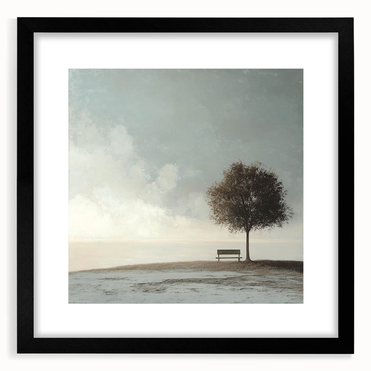 Serene Tree & Bench by the Water – Tranquil Nature Art Print