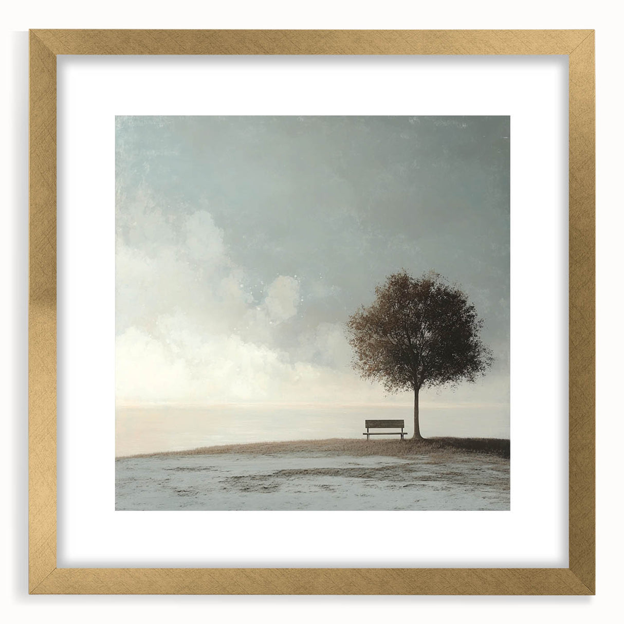 Serene Tree & Bench by the Water – Tranquil Nature Art Print