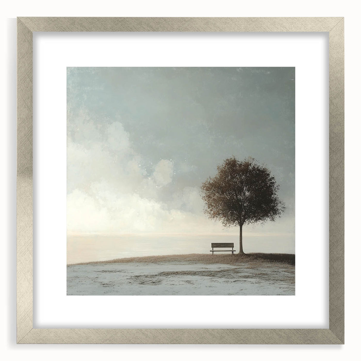 Serene Tree & Bench by the Water – Tranquil Nature Art Print
